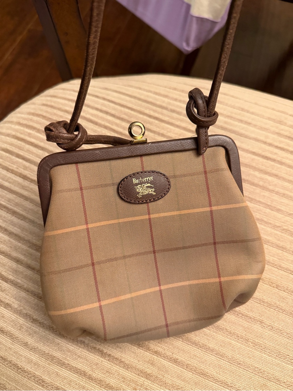 Burberry Mini Plaid Crossbody in Tan and Brown Trim